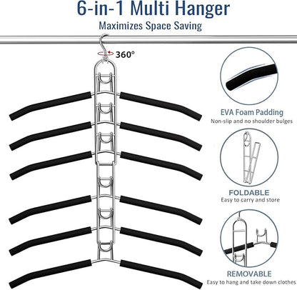 Clothes Hangers Space Saving, Newly Upgraded Detachable Shirt Hangers, 6-Tier Foldable Coat Hanger with 360° Swivel Hook for Closet Organizers and Storage Shirt,Sweater,Suit - 2 Pack, Patent Pending