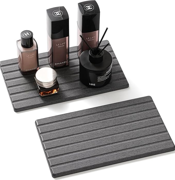 Razborci 2PCS Water Absorbing Stone Drying Tray Mat for Bathroom Sink & Kitchen Counter Organizer, Quick Dry Dish Soap Dispenser Sponge Holder, Vanity Sink Caddy, Coaster, Dark Gray - 10" x 6"