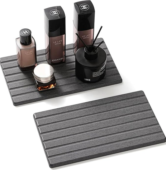 Razborci 2PCS Water Absorbing Stone Drying Tray Mat for Bathroom Sink & Kitchen Counter Organizer, Quick Dry Dish Soap Dispenser Sponge Holder, Vanity Sink Caddy, Coaster, Dark Gray - 10" x 6"