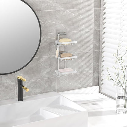 Moforoco 3-Tier White Soap Bar Holder for Shower, No Drilling, 304 Stainless Steel, Wall Mounted Soap Holder with 4 Hooks and Razor Holder, Shower Rack Soap Tray Bar Soap for Bathroom Accessories