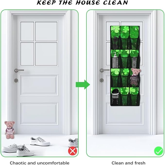 12-Pocket Storage Hanging Bag Behind the Door, Over the Door Organizer with Mesh Pockets for Shoes Essentials, Space Saving Door Organizer for Bedroom Dorm Closet, Lucky Leaf Pattern