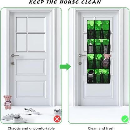 12-Pocket Storage Hanging Bag Behind the Door, Over the Door Organizer with Mesh Pockets for Shoes Essentials, Space Saving Door Organizer for Bedroom Dorm Closet, Lucky Leaf Pattern