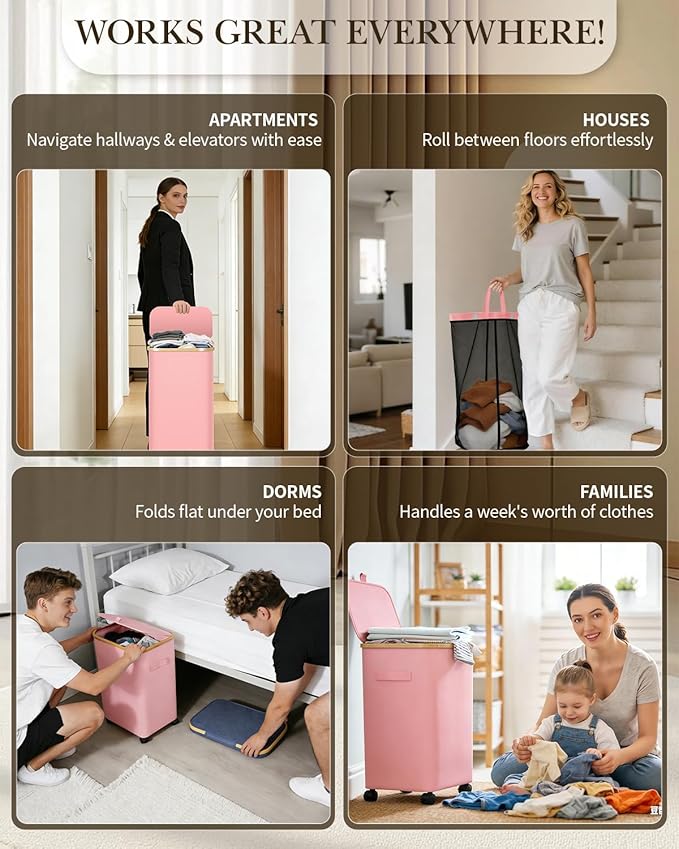 Laundry Hamper with Wheels, 75L Large Clothes Hamper with Removable Inner Bag, Collapsible Dirty Clothes Basket for Dorm, Rolling Dirty Clothes Basket for, Bedroom, Bathroom, Laundry Room