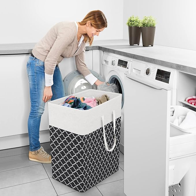StorageRight Laundry Basket Hamper Large Collapsible Laundry Hamper with Easy Carry Handles，Freestanding Clothes Hampers for Laundry, Bedroom, Dorm, Clothes, Towels, 100L, Clover Black