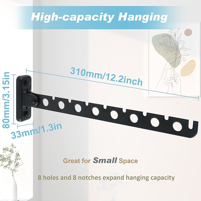 Alise Clothes Drying Rack Wall Mounted Coat Hanger Black, Foldable Hangers Rack Clothes Hook Closet Storage Organizer, Swivel Space Saving Clothes Hanger Rack for Bedroom Bathroom Laundry