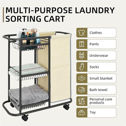 Rolling Laundry Basket with 3 Storage Baskets and 45 L Bag, Heavy Duty Laundry Cart with Wheels and Handle, Space Saving Laundry Room Organization for Bathroom Living Room Apartment Dorm