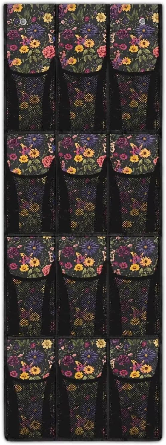 Florals Over the Door Shoe Organizer,Shoe Organizer Door Hanger with 12 Mesh Large Pockets,Space Saver,Storage for Small Spaces