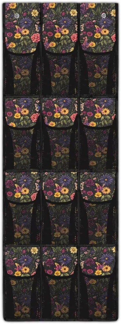 Florals Over the Door Shoe Organizer,Shoe Organizer Door Hanger with 12 Mesh Large Pockets,Space Saver,Storage for Small Spaces