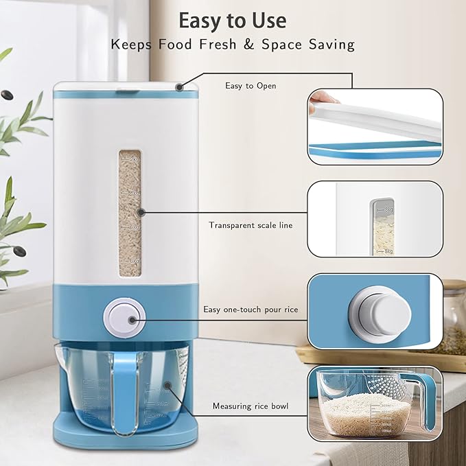 Lenwi 22-25 Lbs Rice Dispenser, Large Cereal Dry Food Storage Containers with Measuring Cup,BPA-Free Household for Kitchen Pantry Organization-Blue