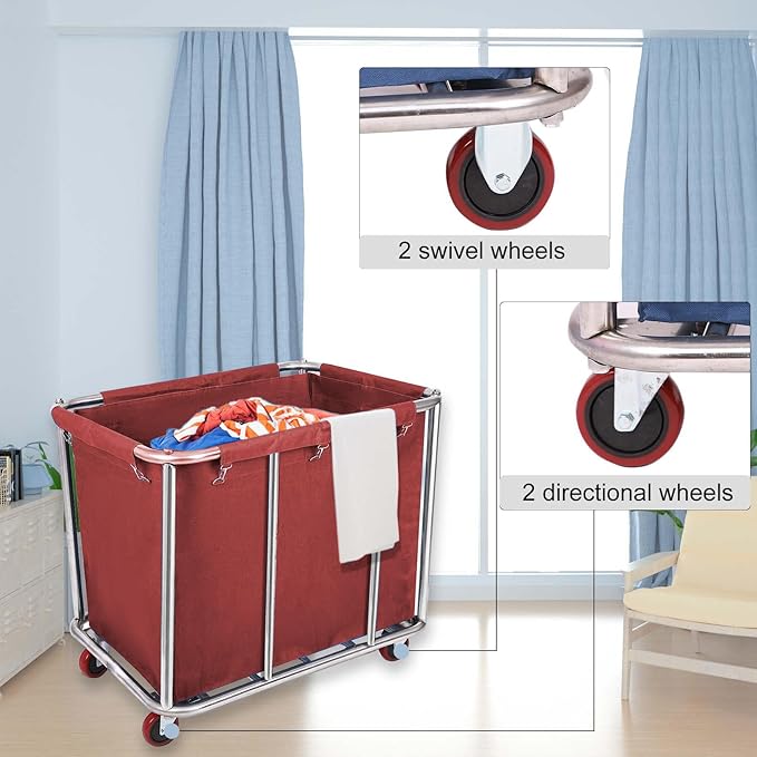 10 Bushels Laundry Cart Commercial/Home,Heavy Duty Large Stainless Steel Rolling Laundry Basket with Wheels，for Laundry Organizer and Storage,260LBS Load (Red)