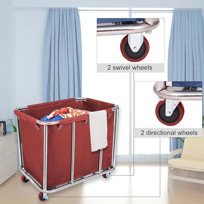 10 Bushels Laundry Cart Commercial/Home,Heavy Duty Large Stainless Steel Rolling Laundry Basket with Wheels，for Laundry Organizer and Storage,260LBS Load (Red)