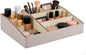 PU Leather Makeup Organizer Tray,Large Vanity Organizer,Cosmetic Storage Box for Lipstick Brushes Skincare Perfume,Cosmetic Display Case Rose Gold-trimmed for Dresser,Bathroom Countertop(Beige)
