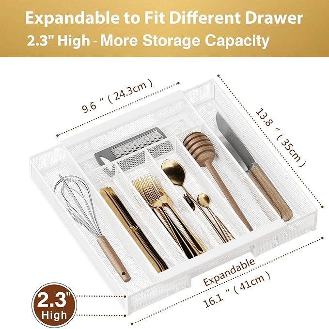 Sedegn Silverware Organizer Metal Mesh, Drawer Organizer, Utensil Cutlery Tray for kitchen drawers,Expandable Flatware Organizer with 7 Compartment White 9.6"~16.1" x 13.8"