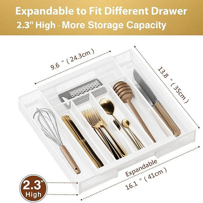 Sedegn Silverware Organizer Metal Mesh, Drawer Organizer, Utensil Cutlery Tray for kitchen drawers,Expandable Flatware Organizer with 7 Compartment White 9.6"~16.1" x 13.8"