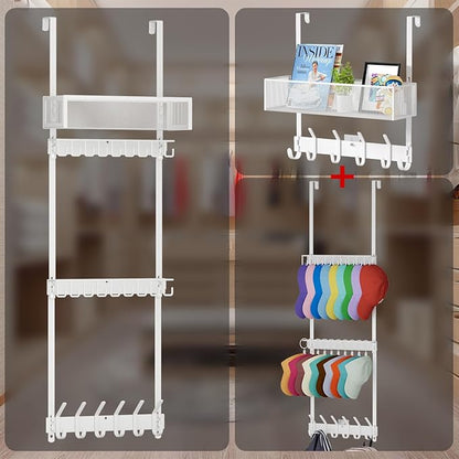 4 Tier Over Door Hat Organizer with Basket, Hat Holder Rack for Baseball Cap with 24 Hooks（2-Tier 9-Hook & 1-Tier 6-Hook）,Hat Hanger Storage Holds up to 24+ Caps for Door, Bedroom, Closet (White)