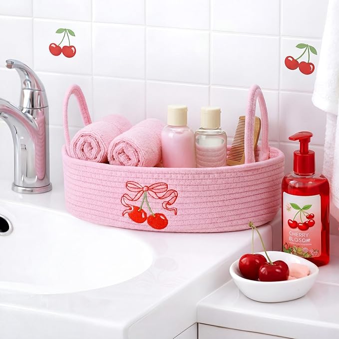 Vesici Cherries Toilet Paper Basket Boho Woven Cotton Rope Bathroom Countertop Organizer with Handle Pink Bow Cherry Bathroom Storage Decor for Toilet Closet Bedroom Nursery, 13 x 6 x 4 Inch