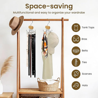 3 Pack Tank Top Hanger, Rotatable Bra Organzier for Closet, Bra Hanger for Closet Organizer, 360° Rotating & Foldable, Metal and Wood, Space-Saving Belt Hangers for Tank Tops, Belt, Tie (Wood)