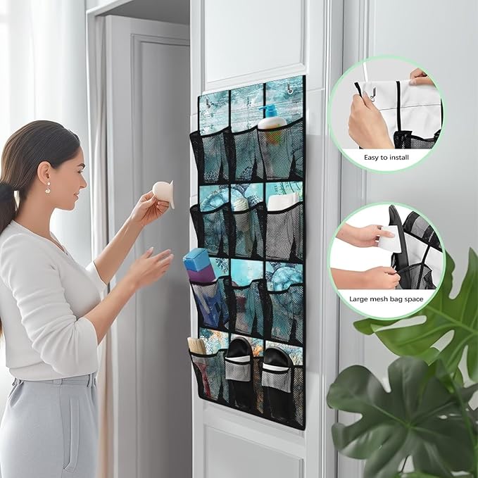 Sea Turtle Hanging Storage Shoe Organizer for Closet 12 Mesh Pockets Over The Door Wall Closet Holder for for Boots & Sneakers Toys