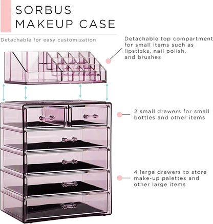 Sorbus Acrylic Makeup Organizer Set, 6-Drawer Vanity & Countertop Cosmetic Storage with Small & Wide Compartments, Purple Makeup Storage for Brushes, Jewelry – Holiday Gift for Women & Teens