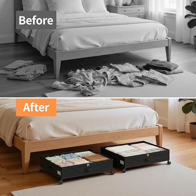 Yecaye 80L Under Bed Storage with Wheels, 2 Pack Under Bed Storage Containers with Lids for Clothes, Shoes and Blankets, Metal Rolling Underbed Storage Drawers for Bedrooms and Dorms, Black