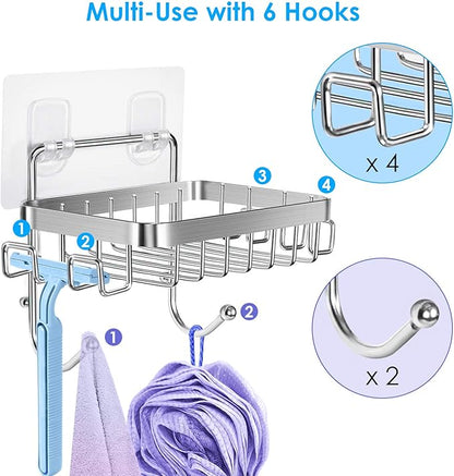 ODesign Soap Dish Holder SUS304 Stainless Steel with 6 Hooks Loofah Bath Sponge Towel Razor Holder for Bathroom Shower Kitchen Adhesive Wall Mounted No Drilling-Silver-1 Pack