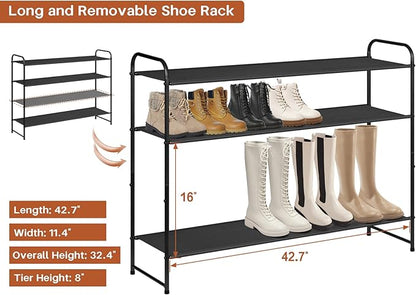 KIMBORA 4 Tier Long Shoe Rack for Closet Floor, Wide Shoe Shelf Storage Organizer 30-Pairs Stackable Sneaker Organizer for Closet, Bedroom (Black)