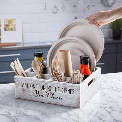 ALELION Rustic White Plate and Utensil Caddy, 6-Compartment Paper Plate and Cutlery Holder with Handles, Kitchen and Party Organizer for BBQs, Picnics, and Gatherings