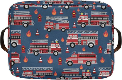 Fire Trucks Large Storage Basket Cube Storage Bin Canvas Fabric Organizer Handles Collapsible Decorative for Clothes Toys Bedroom