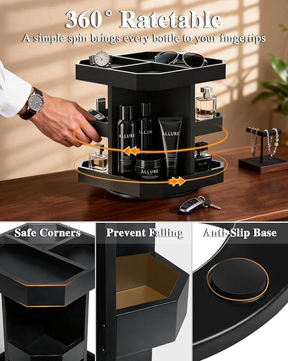 HWZ Wooden Cologne Organizer for Men, Cologne Stand, 360 Rotating, Massive 3 Shelf Storage Unit, Elegant Display Holder for Perfume & Accessories, Bedroom Essentials, Ideal Gift for Loved ones