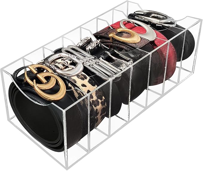Belt Organizer Storage for Closet, Acrylic Belt Holder Box with 7 Compartments for Drawer, Clear Tie Display Case for Men Women, Home Organization