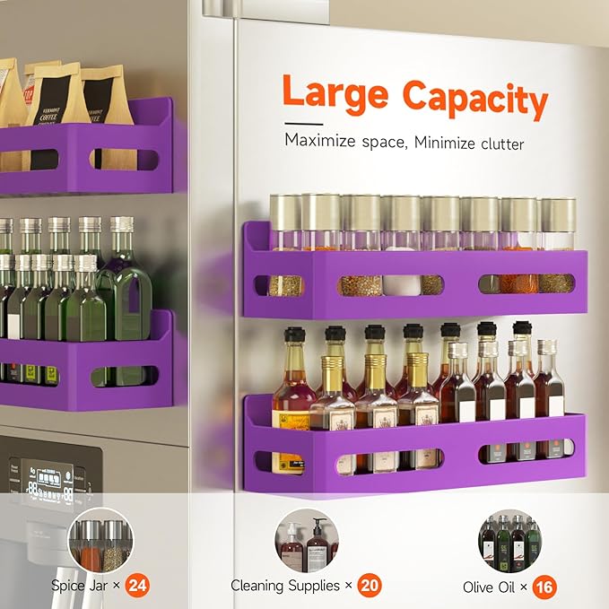 Sevenblue 4 Pack Strong Magnetic Spice Rack for Refrigerator, Multipurpose Magnetic Shelf for Fridge with 4 Hooks for kitchen and Bathroom Organization, Purple