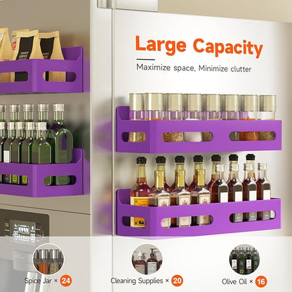 Sevenblue 4 Pack Strong Magnetic Spice Rack for Refrigerator, Multipurpose Magnetic Shelf for Fridge with 4 Hooks for kitchen and Bathroom Organization, Purple