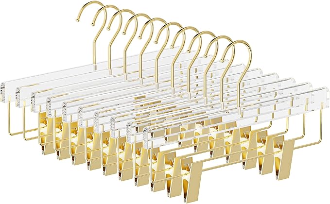 10 Pack Gold Acrylic Hangers, Clear Pants Hangers with Adjustable Non-Slip Clips for Pants, Skirts, Jeans, Trousers, Adults & Kids, Clothing Closet Storage