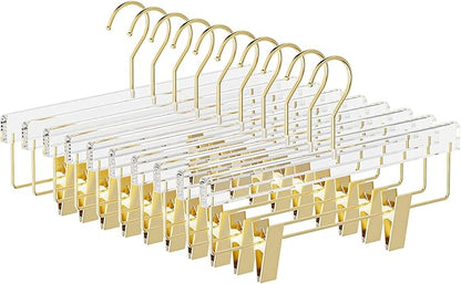 10 Pack Gold Acrylic Hangers, Clear Pants Hangers with Adjustable Non-Slip Clips for Pants, Skirts, Jeans, Trousers, Adults & Kids, Clothing Closet Storage