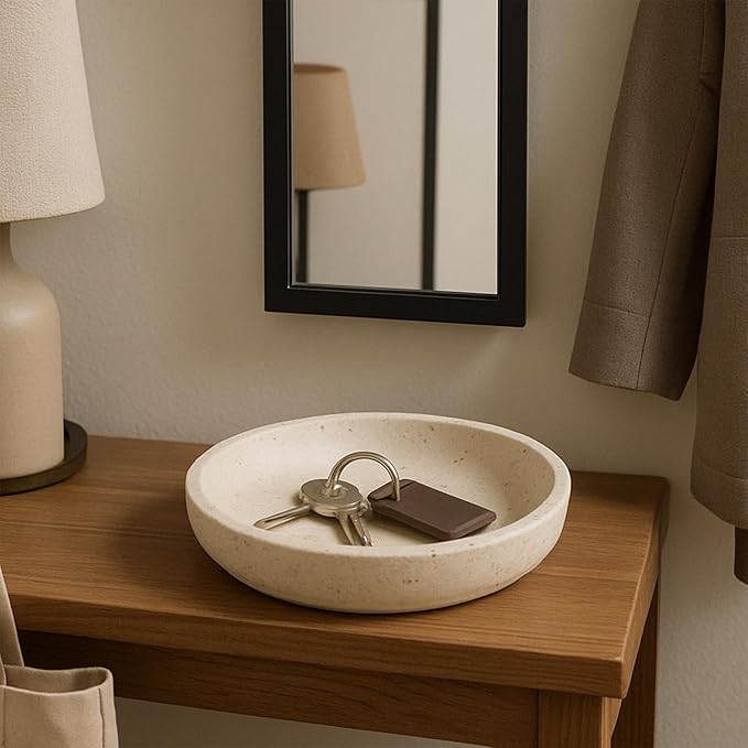 Natural Travertine Round Decorative Tray - 8-inch Beige Stone Vanity Bowl, Anti-Slip Organizer Plate for Bathroom, Kitchen, Home Décor, Candles, Jewelry Display, 3/4-inch Height