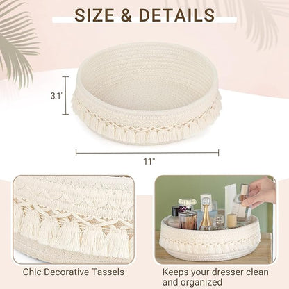 Mkono Makeup Perfume Holder Organizer Macrame Decorative Woven Rope Basket Boho Decor Cosmetics Desk Storage Baskets for Dresser Skin Care Lotions Essential Oils Dorm Room Essentials