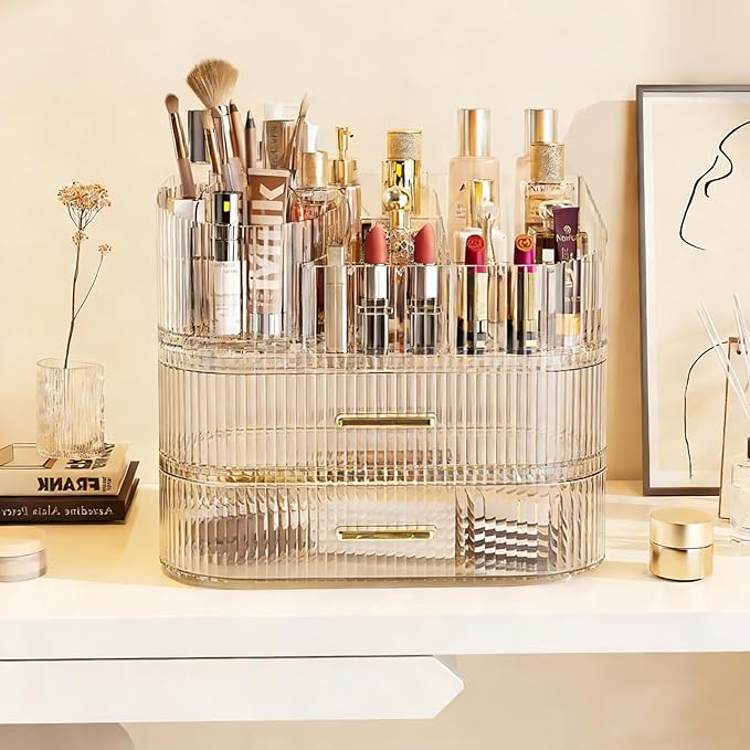 Makeup Organizer with 360 Rotating Brush Holder and Stackable Drawers, Cosmetic Display Case for Vanity, Bathroom Countertop (Clear, 3 Layer)