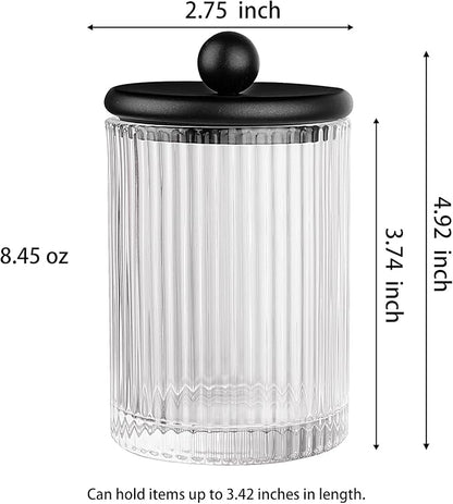 3Pack Glass Qtip Holder Dispenser Set - Bathroom Canister Storage Organizer for Cotton Balls, Swabs, Floss Picks, and Makeup Sponges with Matte Black Metal Lid - Clear Vanity Apothecary Jars
