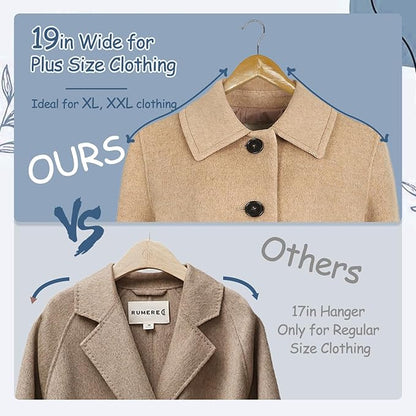 King Mills 19 Inch Plus Size Hangers, Extra Wide Hangers for Plus Size Clothes, Ganchos para Colgar Ropa, Ideal for XL, XXL Shirts, Coats, Dresses, Etc. Wood. Natural 10pk