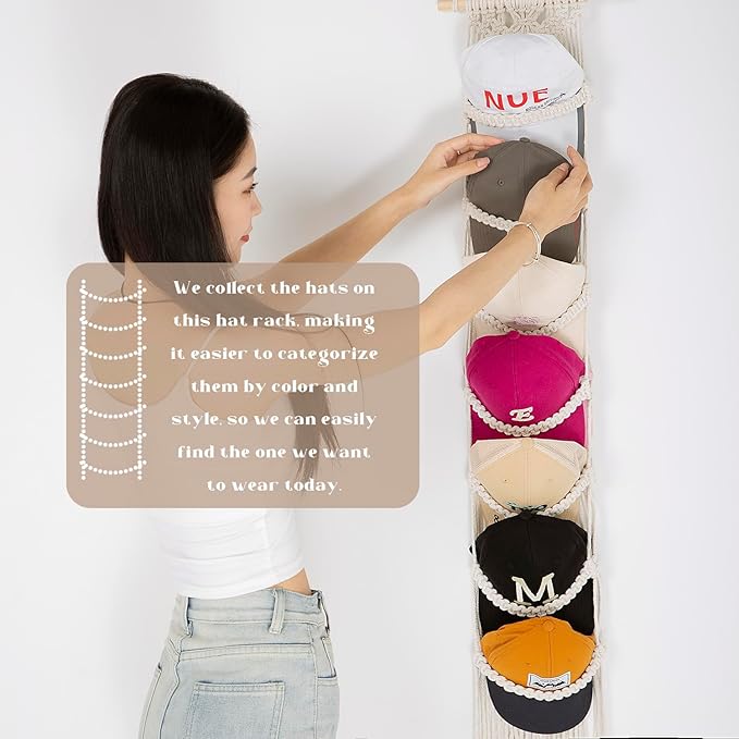 jontell Cap Holder-1 Pack Hat Organizer for Baseball Caps, Macrame Hat Rack for Wall, Cap Rack for Baseball Cap Display Boho Macrame Cap Hanger Over Door Organizer Up to 14 Caps