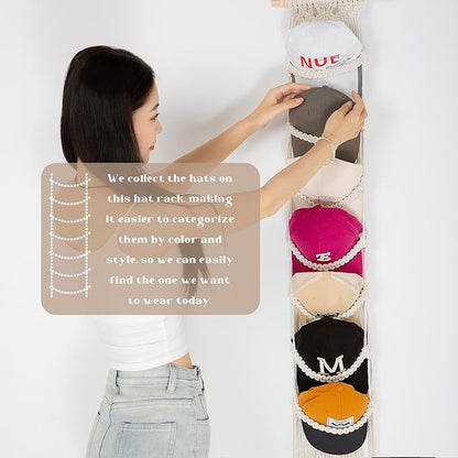 jontell Cap Holder-1 Pack Hat Organizer for Baseball Caps, Macrame Hat Rack for Wall, Cap Rack for Baseball Cap Display Boho Macrame Cap Hanger Over Door Organizer Up to 14 Caps