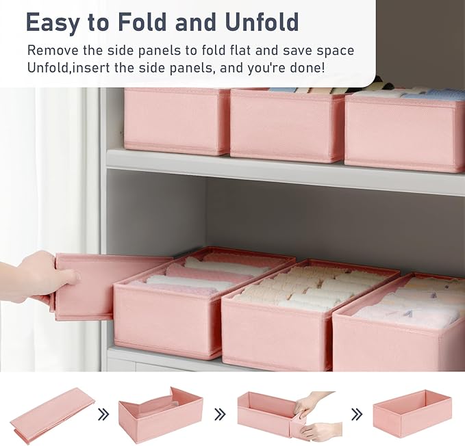 DIMJ Drawer Organizer Clothes - Underwear Organizer Small Sock Organizer Closet Organizers and Storage Box Dresser Drawer Dividers for Baby Clothes,Bra,Socks, Belt, Tie, Set of 12, Pink