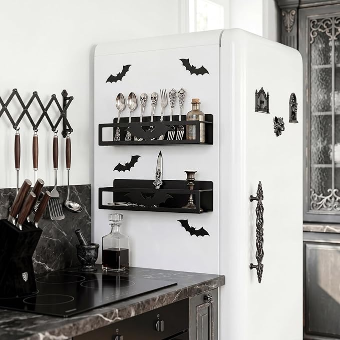 Beeveer 2 Pack Big Bat Magnetic Spice Rack for Refrigerator Metal Magnet Basket Shelf for Fridge Seasoning Storage Organizers Home Decor Kitchen Accessories(Black)