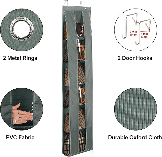 Lirex Over the Door Organizer, 2 Pack Handbag Storage with 6-Tier Space-Saving for Door or Closet, Handbag Hanger, Dark Grey