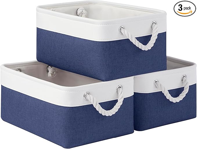 Storage Baskets for Shelves 13.8x9.8x6.7 Inch, Foldable Fabric Storage Bins with Handles, Small Storage Baskets for Organizing Closet, Office, Home Organization (3-Pack, White&Blue)