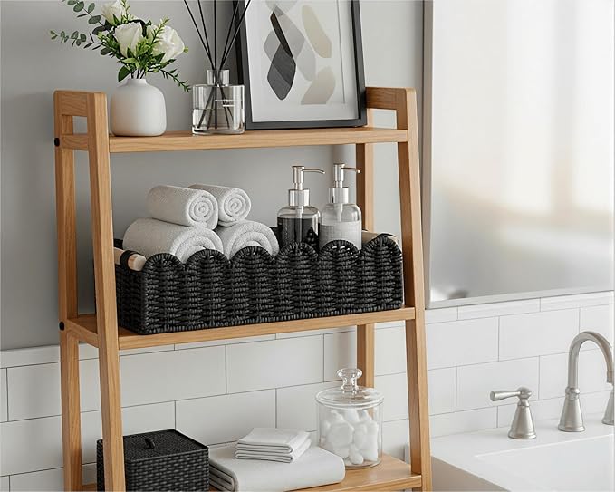 CubesLand Bathroom Basket Organizer, Toilet Tank Paper Storage Baskets 2-Pack, Scalloped Decorative Basket for Countertop w/Handle, Wicker Basket for Bathroom Decor, Home Decor, Living Room, Black