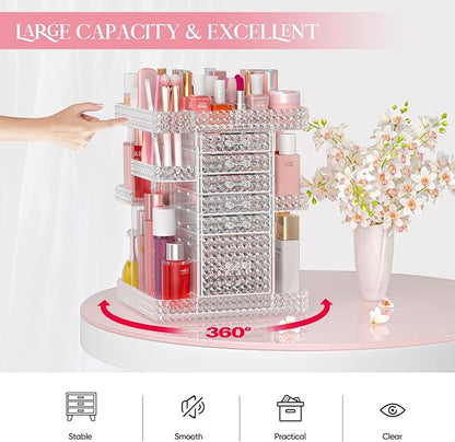 Rotating Makeup Organizer with 6 Drawers[New Updated],DIY Adjustable Make up Organizers and Storage Different Types of Cosmetics and Jewelry,Spinning Perfume Organizer (Plus Size-Clear)
