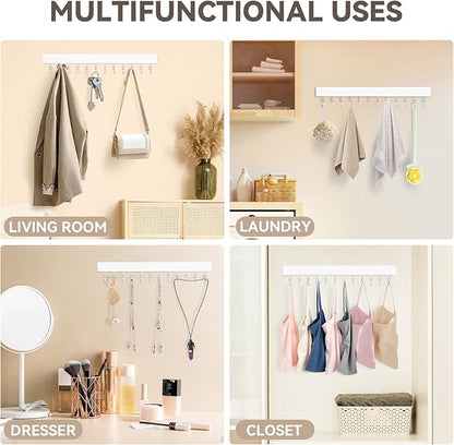 Belt Hanger Wall Mount, Wooden Closet Belt Organizer with 24 Metal Hooks, Large Capacity, White, 2 Pcs
