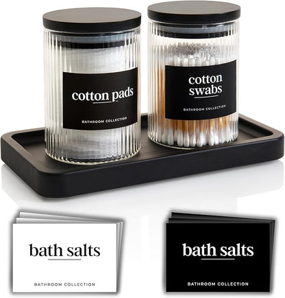 Mason & Fable Ribbed Glass Bathroom Jars & Tray Set | 10 fl oz, Set of 2 Storage Canister with Airtight Black Bamboo Lids | Cotton Pad/Swab/Q tip Holder/Bath Salt/Clear Vanity Apothecary Organizer