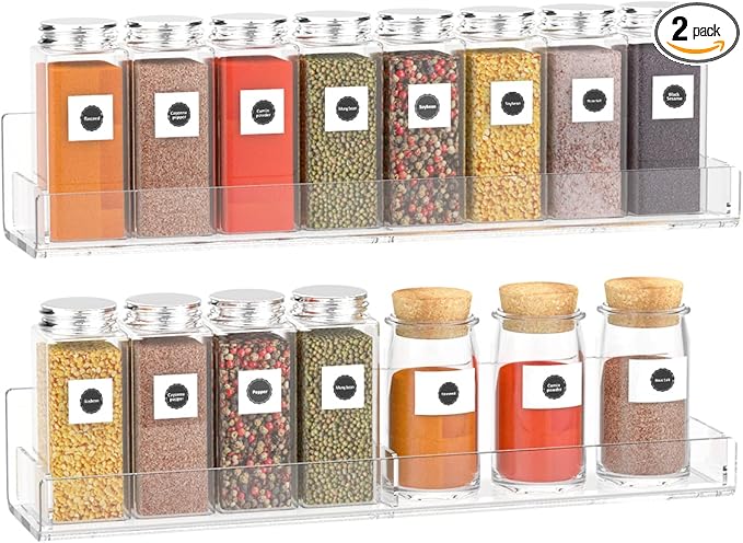 Sezanrpt Acrylic Spice Rack Wall Mount, Hanging Spice Shelf Racks for Seasonings, Kitchen Spice Jars Wall Organizer Storage Holder, 2 Pack
